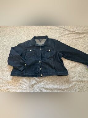 Alivia Ford 2X Women's Dark Wash Denim Jacket subtle colorful pinstripes